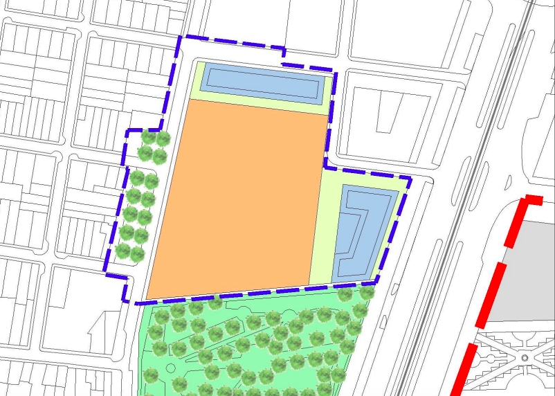 En azul las parcelas 1 y 2 calificadas como terciario tipo 3 y en naranja el suelo - En azul las parcelas 1 y 2 calificadas como terciario tipo 3 y en naranja el suelo