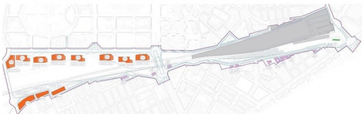 Plano con la ubicación propuesta para los edificios junto al Parque Central.