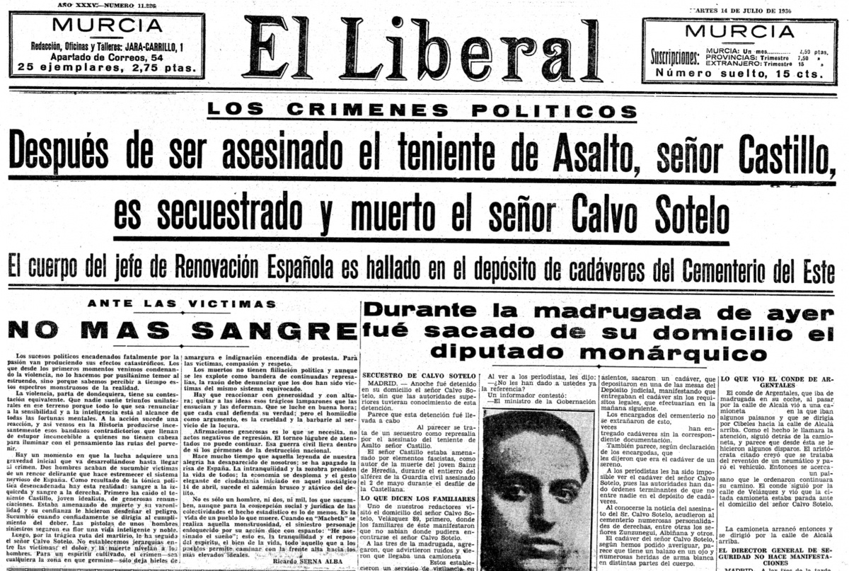 Portada de El Liberal del 14 de julio de 1936.