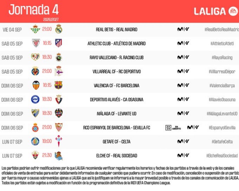 Valencia CF y Levante UD ya conocen su horario de la jornada 4 en La Liga