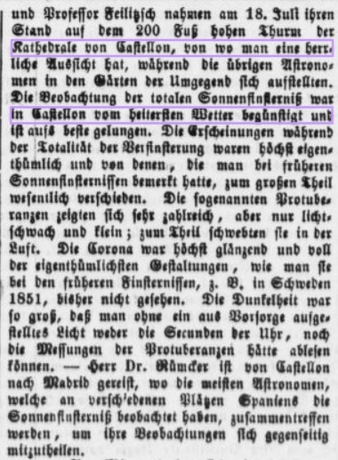 Noticia sobre la observación del eclipse de 1860 en un periódico de Hamburgo.