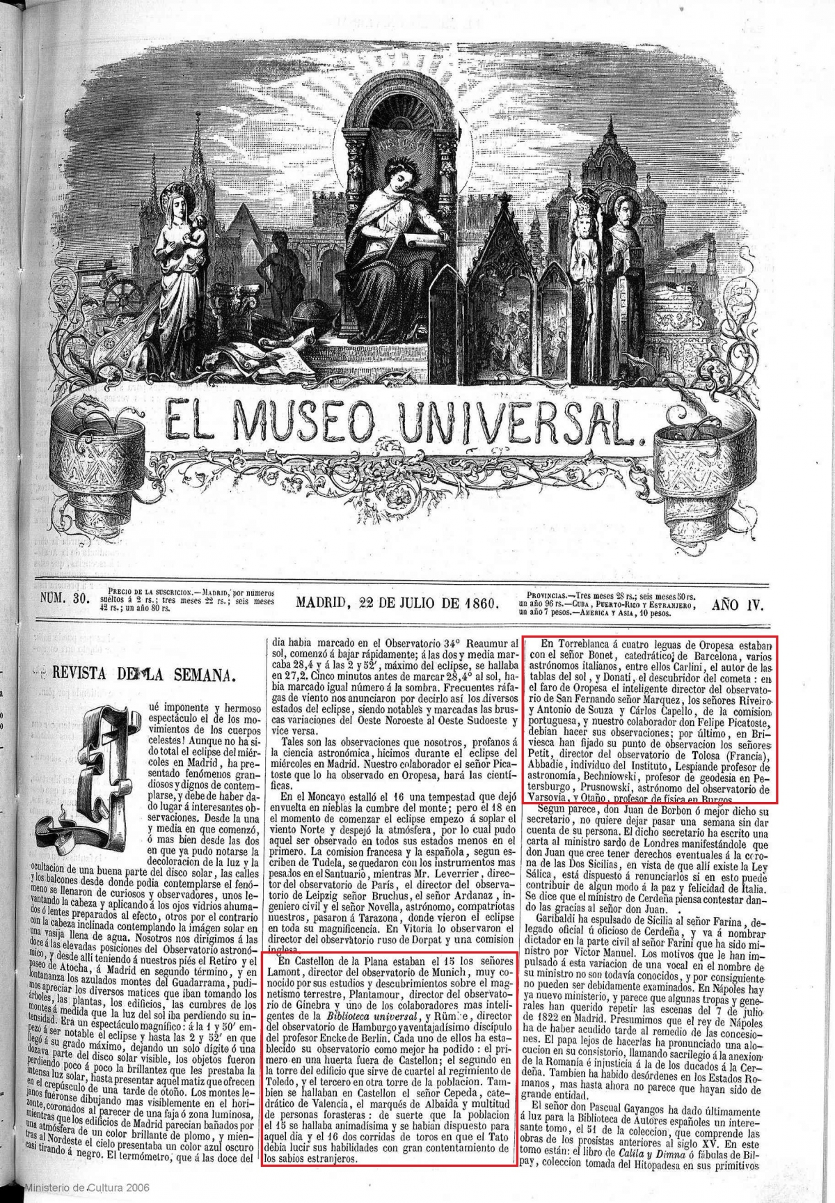 Portada de periódico publicada el 22 de julio de 1860 · Autor: Portal de Prensa Histórica del Ministerio de Cultura