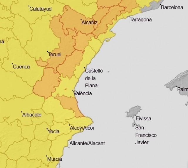 Aemet amplía el aviso naranja por lluvia y tormentas a varias zonas de Valencia y el interior sur de Castellón