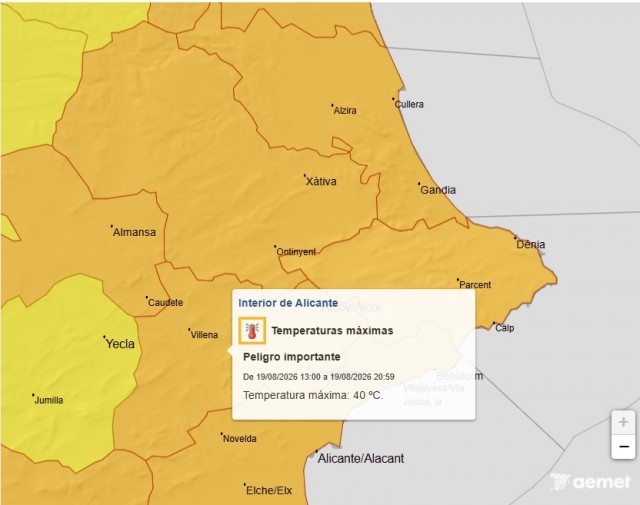 Villena activa la alerta ante temperaturas de hasta 40 grados este miércoles