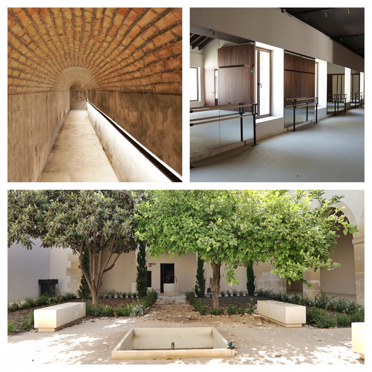 El refugio, una sala para ensayos artísticos y el claustro interior del museo.