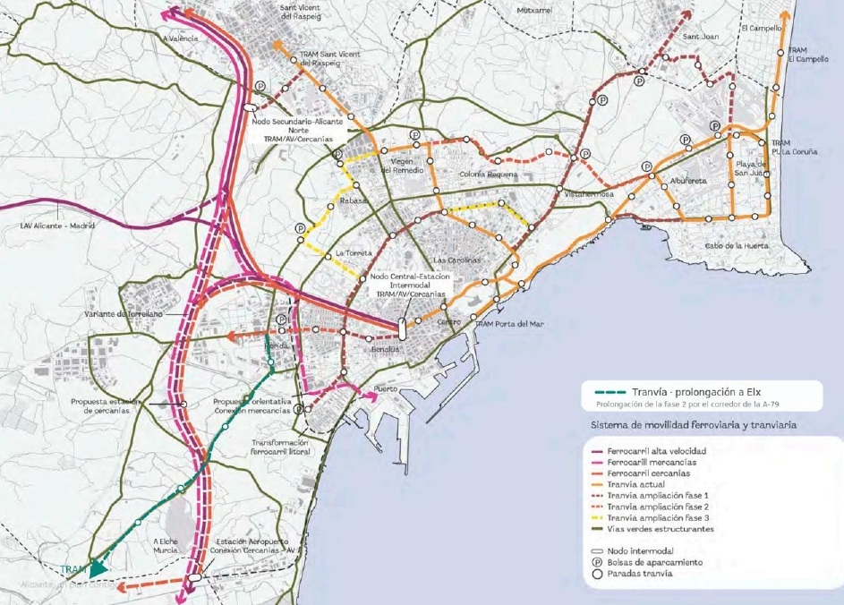 El plano de una hipotética prolongación del tranvía hasta Elche.