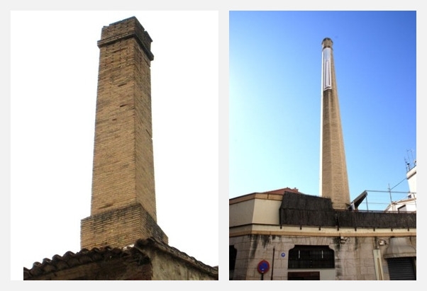 Chimenea de la Estambrera, la más antigua, y la de Acabados Pastor, la más moderna.