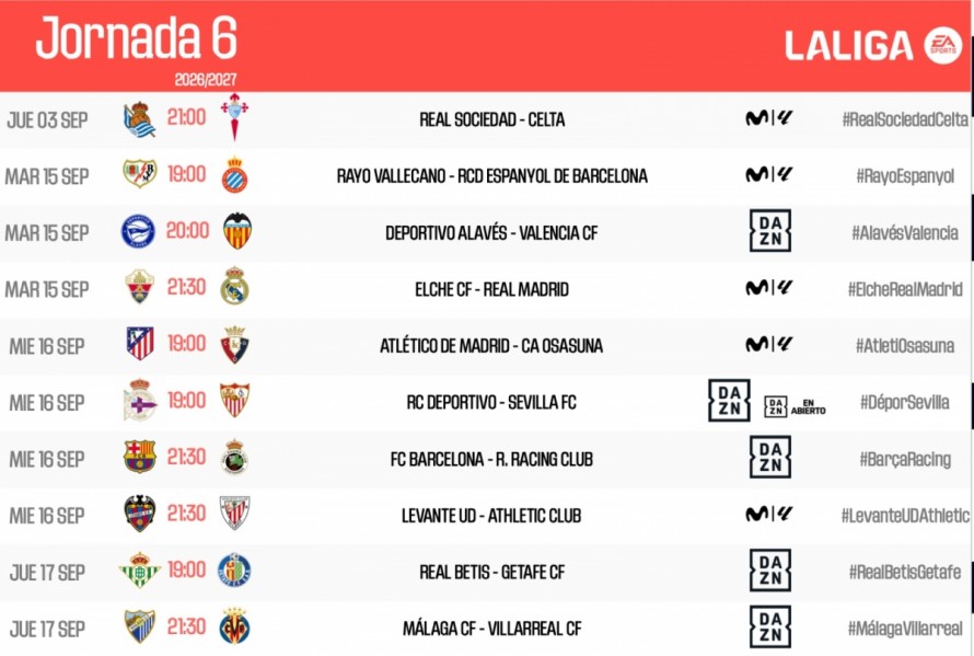 Valencia CF y Levante UD ya tienen los horarios de las jornadas 6 y 7 