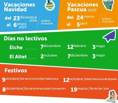 Calendario educativo de Elche: 7 de diciembre, 12 de febrero y 3 de mayo, los días no lectivos 