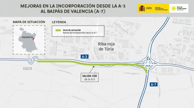 Transportes adjudica por 3,7 millones las obras para ampliar la incorporación desde la A-3 a la A-7 en Valencia