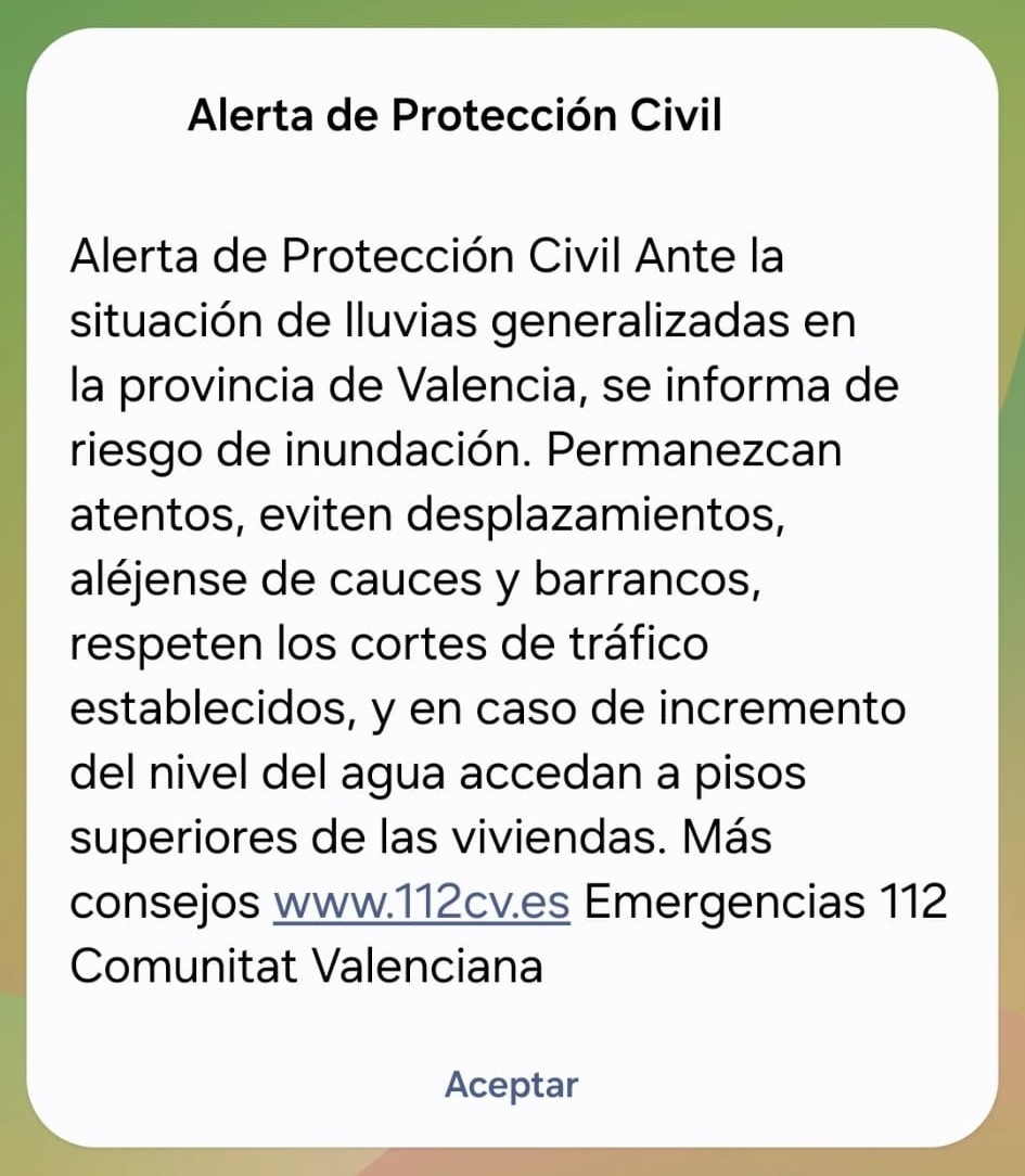ES-Alert enviado por riesgo de inundaciones. - Foto: GVA ES-Alert enviado por riesgo de inundaciones.