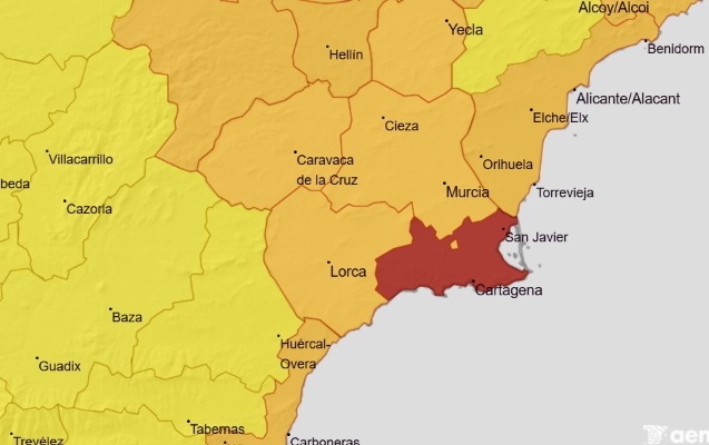 AEMET eleva a rojo el aviso por lluvias en Cartagena ante el riesgo de precipitaciones torrenciales