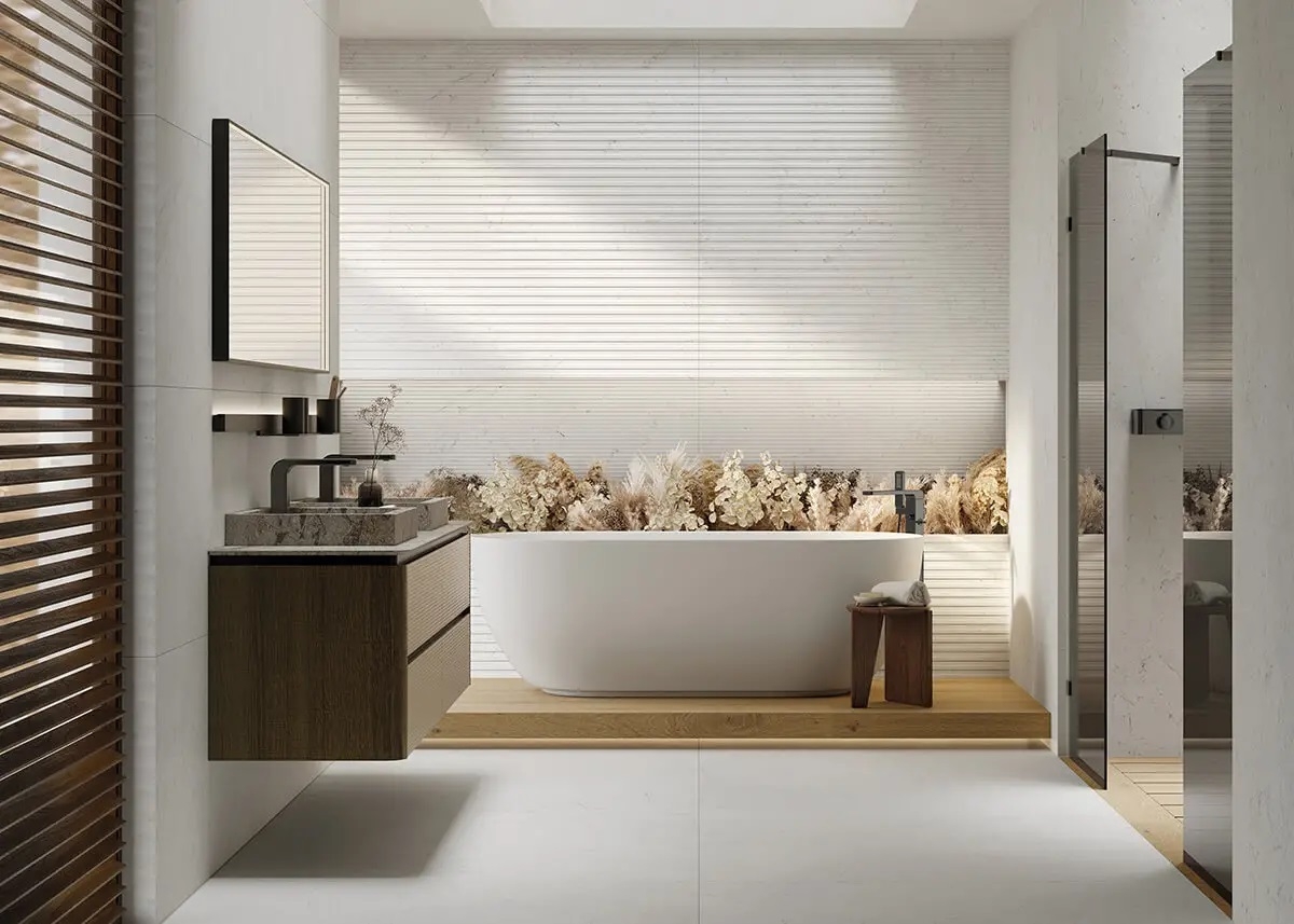 Colección cerámica Kos White, de Porcelanosa. - Colección cerámica Kos White, de Porcelanosa.