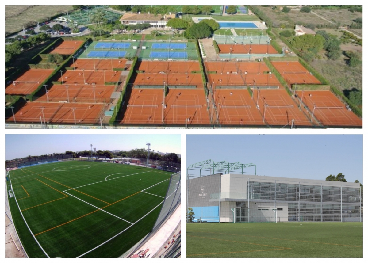 Vista de las pistas de tenis y de fútbol, y el edificio que acoge el gimnasio.
