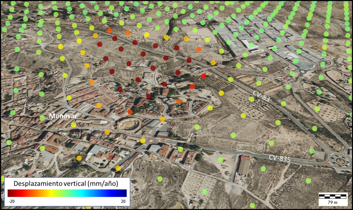 Se ha detectado un hundimiento progresivo del terreno mediante datos de radar obtenidos por satélites (EGMS). 