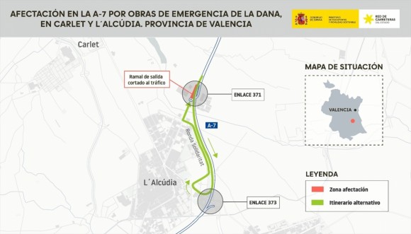 Cortes en la A-7 a su paso por Carlet y l'Alcúdia por obras del 13 al 16 de octubre