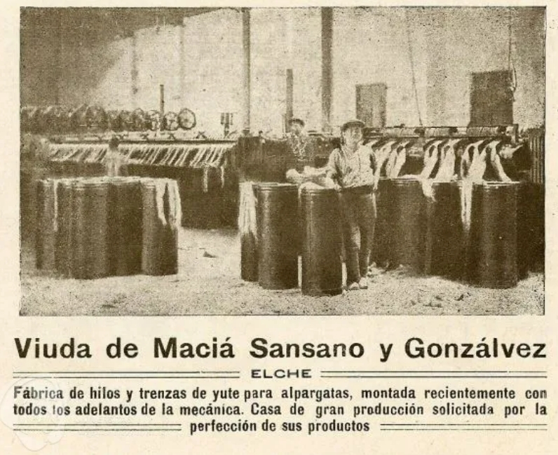 Anuncio de la fábrica de trenzas e hilos de yute para alpagata Viuda de Maciá Sansano y Gonzálvez -
