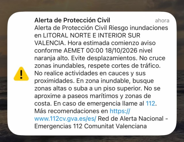 Emergencias envía un Es-Alert por riesgo de inundaciones en el litoral norte, el interior sur de Valencia y litoral norte de Alicante