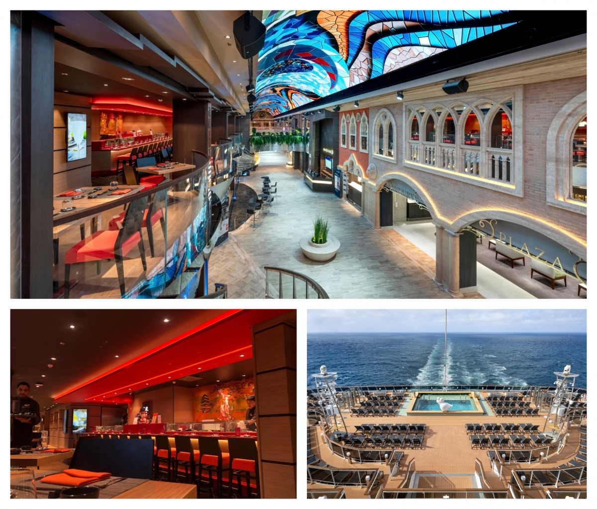 La galería comercial, uno de los restaurantes y la cubierta del MSC Euribia.