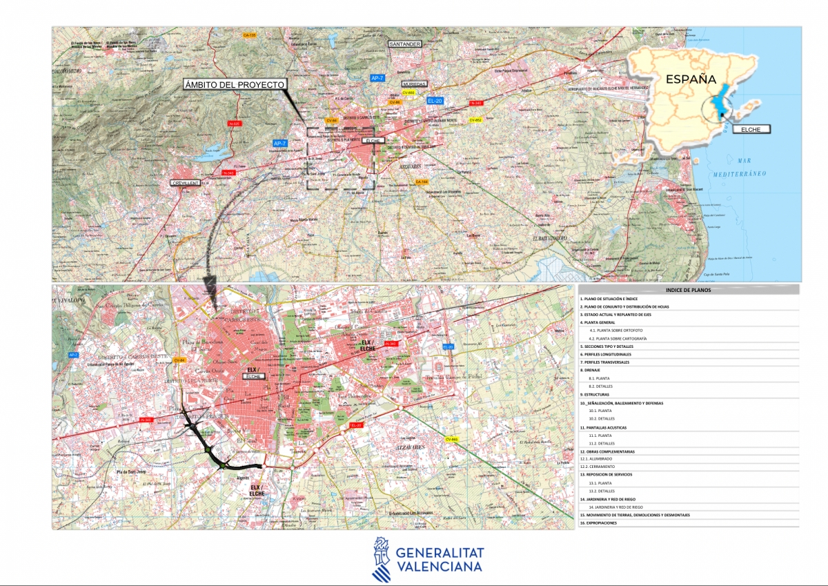 Plano sobre el proyecto de la Ronda Sur de Elche.