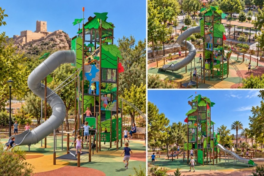 Dos juegos infantiles gigantes llevarán la aventura al Parque de la Cubana en Alhama: una torre de 9 metros y un zorro para escalar