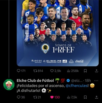 Clubes vecinos, exjugadores y Julio Lamas felicitan al Hércules por el ascenso
