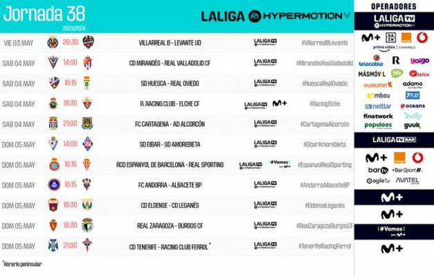 El Levante abrirá la jornada 38 de LaLiga Hypermotion
