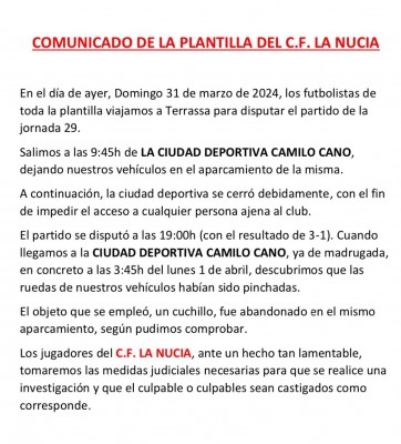 Pinchan las ruedas de los coches de los jugadores de La Nucía tras el descenso
