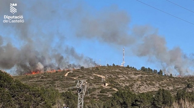 Medios terrestres y aéreos trabajan en la extinción de un incendio forestal en Les Coves de Vinromà