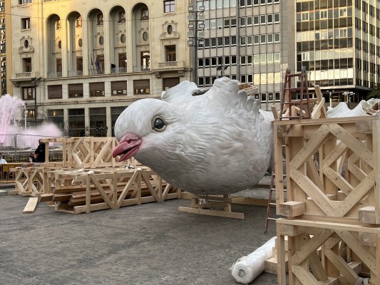 Dos palomas de grandes dimensiones, primeras piezas de la falla municipal en llegar a la plaza