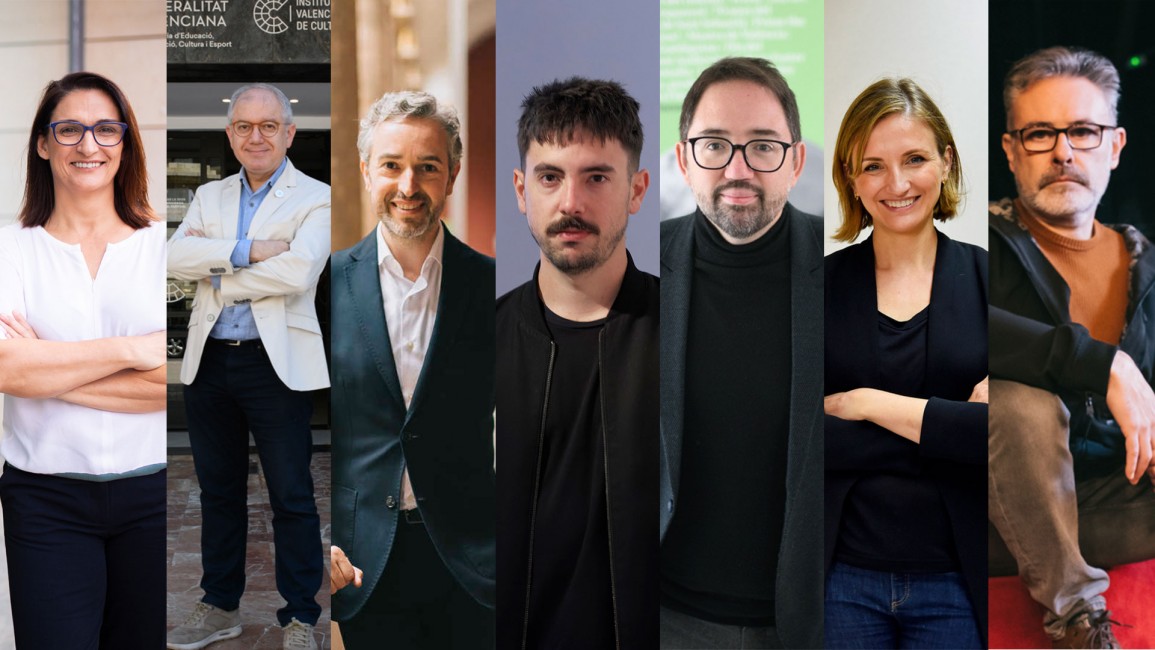 Los ex-responsables de los entes culturales públicos. De izquierda a derecha: Nuria Enguita (IVAM), Abel Guarinos (IVC), José Luis Pérez Pont (Consorci de Museus), Carles À. Saurí (EACC) y Francesc Felipe, Marga Landete y Roberto García (IVC). Fotos: - 
