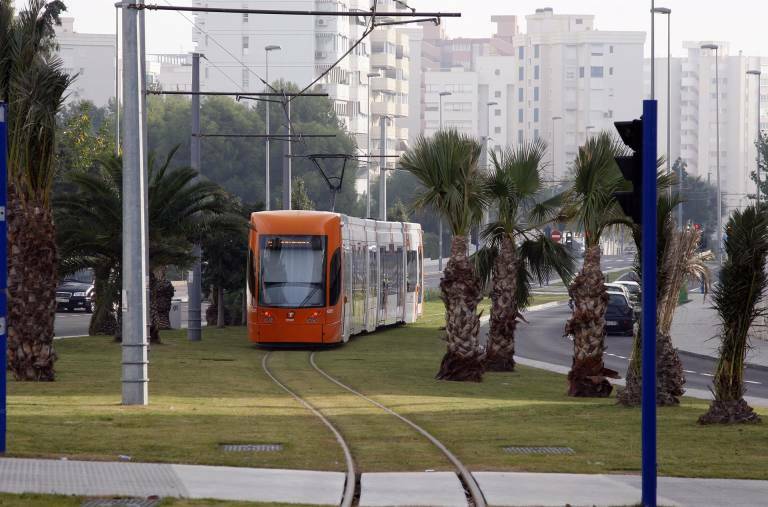  El tranvía, a su paso por el distrito de Playa de San Juan de Alicante.  - 