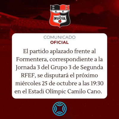 El partido aplazado La Nucía-Formentera se jugará el miércoles 25 de octubre
