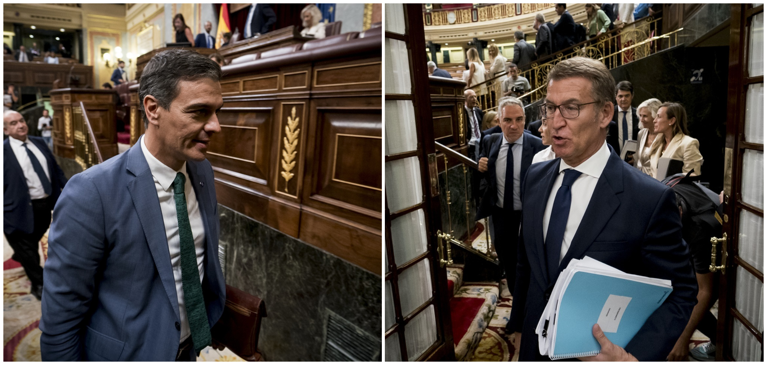 Pedro Sánchez y Alberto Núñez Feijóo, a la salida del Parlamento. Foto: EP - 