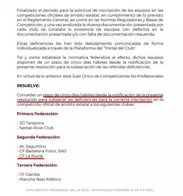 La RFEF sigue sin inscribir a La Nucía y su salvación pasar ahora por el auxilio de inversores foráneos