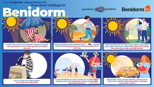 El trile, los 'mojiteros' o el calor: las advertencias del Ayuntamiento de Benidorm a los turistas