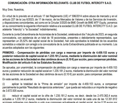 Los accionistas del Intercity dan luz verde a la operación acordeón