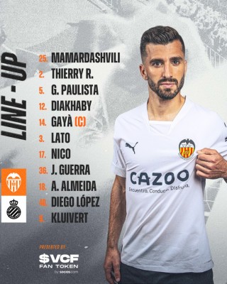 Este es el once del Valencia para jugar ante el Espanyol