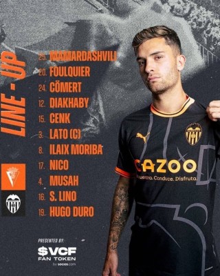 Este es el once del Valencia para jugar contra el Cádiz