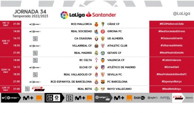 Ya se conocen los horarios de la jornada 34 de LaLiga Santander 