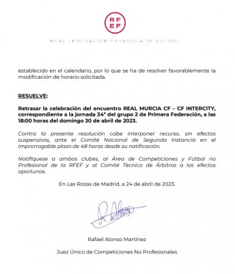La RFEF retrasa la hora de disputa del duelo Real Murcia-Intercity para regatear al calor