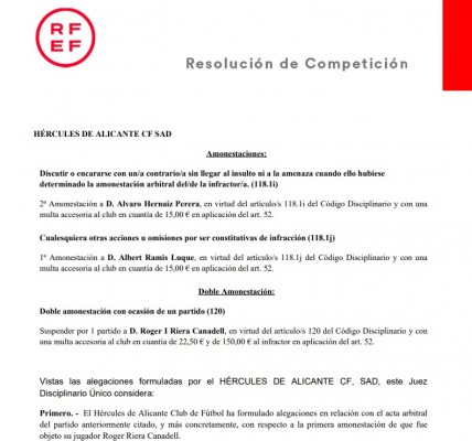 Suspensión por un partido y multa accesoria de 150 euros para Riera y de 22,5 para el Hércules