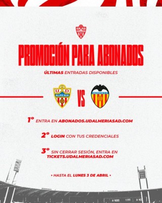 El Almería ofrece tres entradas a cada socio para contrarrestar la presencia de valencianistas en las gradas