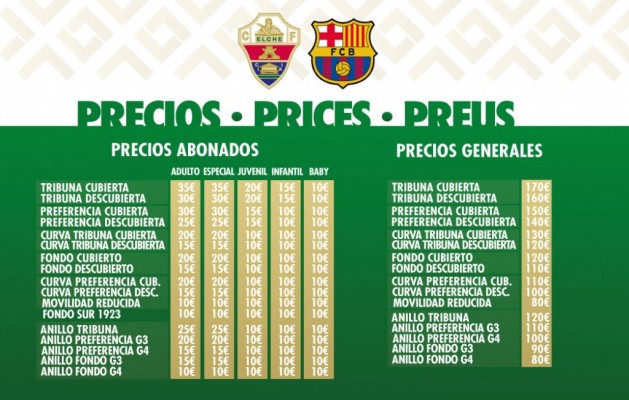 El Elche eleva en 20 euros el precio de las entradas para no abonados con motivo de la visita del Barça