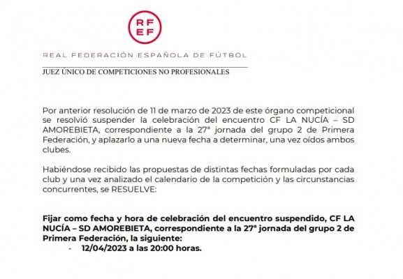 El encuentro aplazado entre La Nucía y el Amorebieta se jugará el 12 de abril 