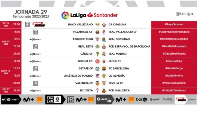 Estos son los horarios de la jornada 29 de LaLiga