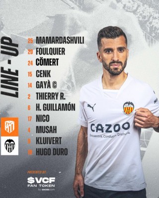 Este es el once del Valencia CF para jugar contra el Atlético
