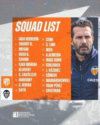 Esta es la convocatoria del Valencia CF para visitar al Atlético de Madrid