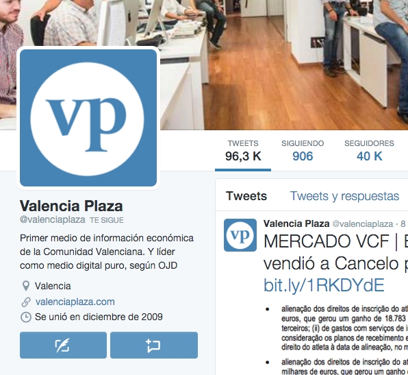 Valencia Plaza supera los 40.000 seguidores en Twitter y los 3 millones de páginas vistas en un mes
