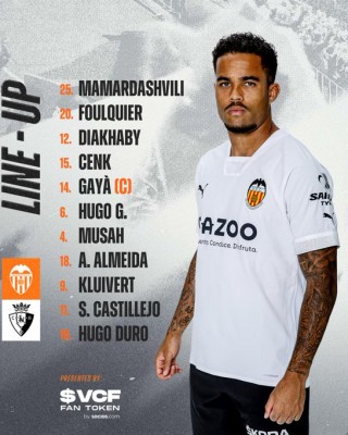 Este es el once del Valencia para jugar contra Osasuna